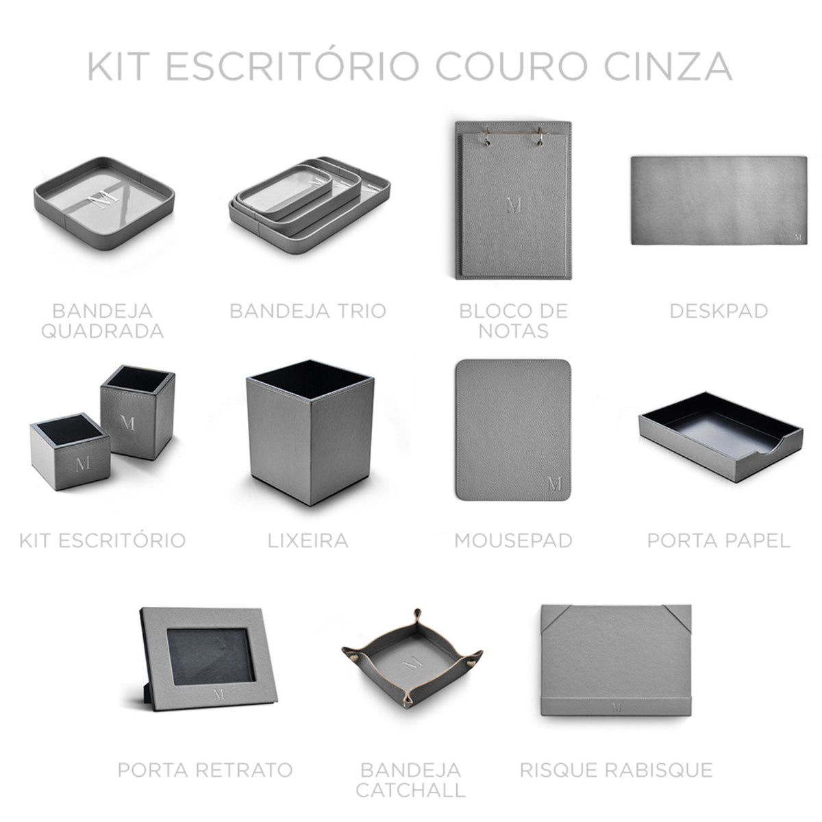 Kit Escritorio Couro Cinza